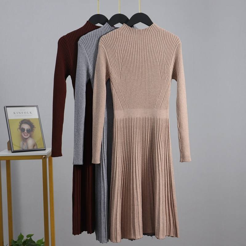 Chic A Line Ribbed Long Knit Sweater Dress in Dresses