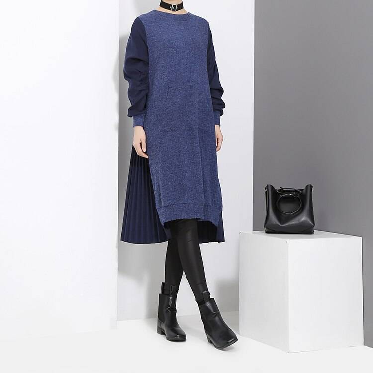 Blue Black Long Sleeve Pocket Loose Patchwork Sweater Midi Dress in Dresses