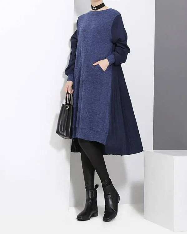 Blue black long sleeve pocket loose patchwork sweater midi dress