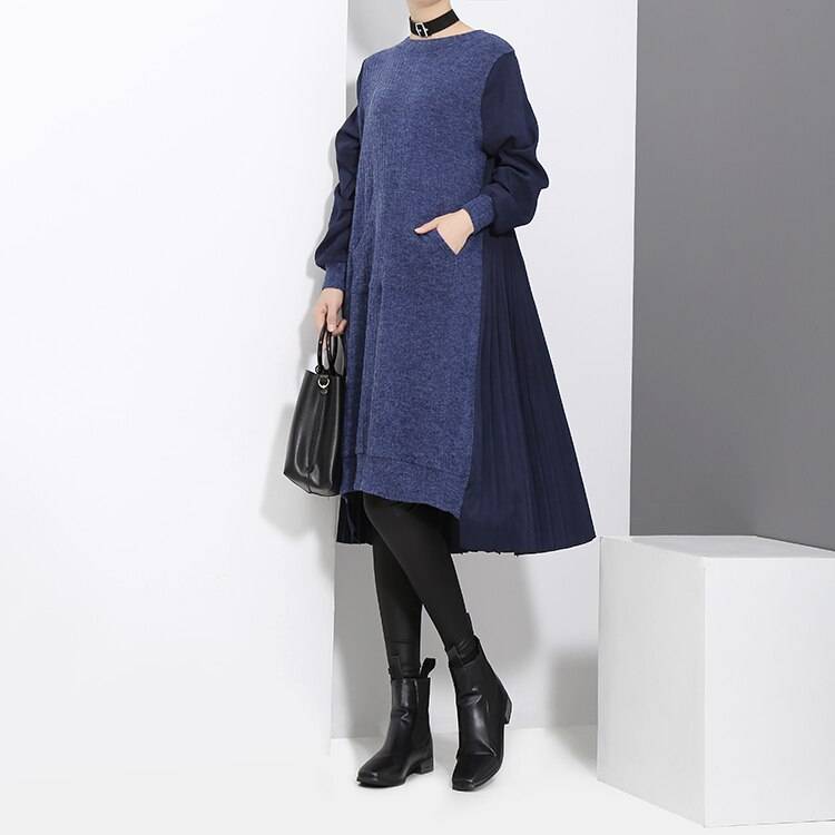 Blue Black Long Sleeve Pocket Loose Patchwork Sweater Midi Dress ...