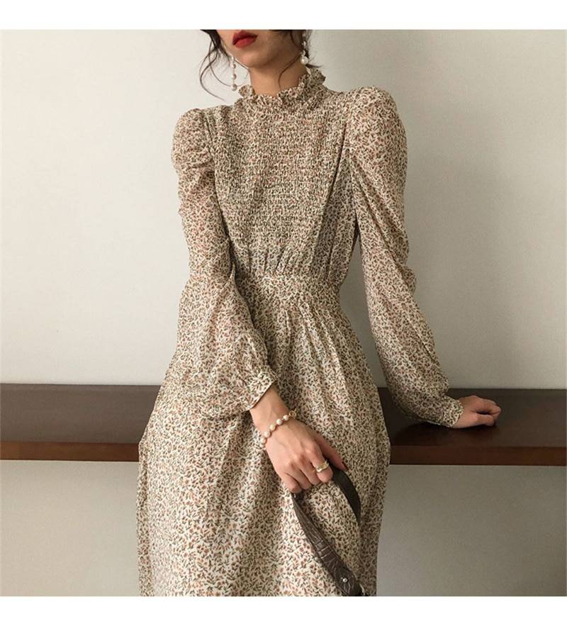 Vintage Floral Print Stand Collar Ruched Sleeve A-Line Dress ...