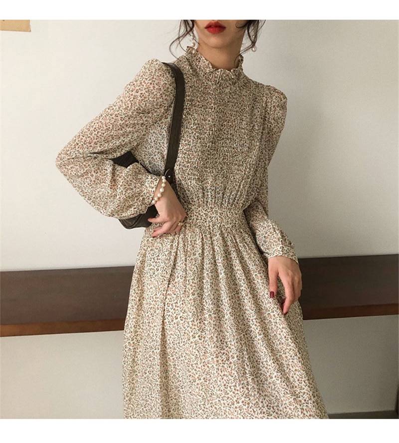 Vintage Floral Print Stand Collar Ruched Sleeve A-Line Dress in Dresses
