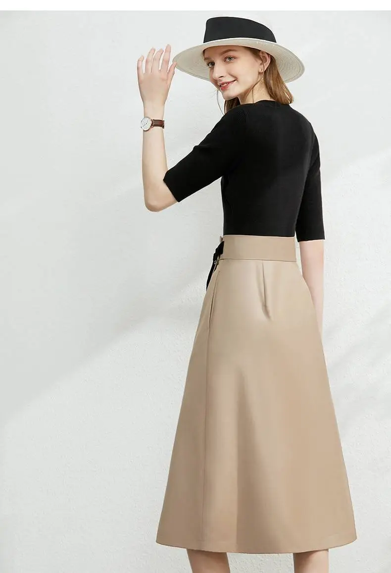 Minimalism solid belt high waist a-line irregular hem skirt