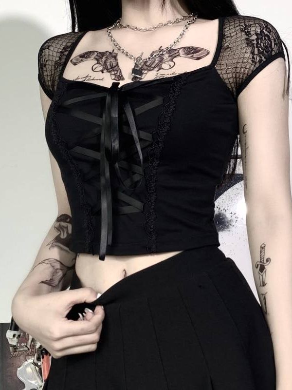 Vintage gothic lace black t-shirt top
