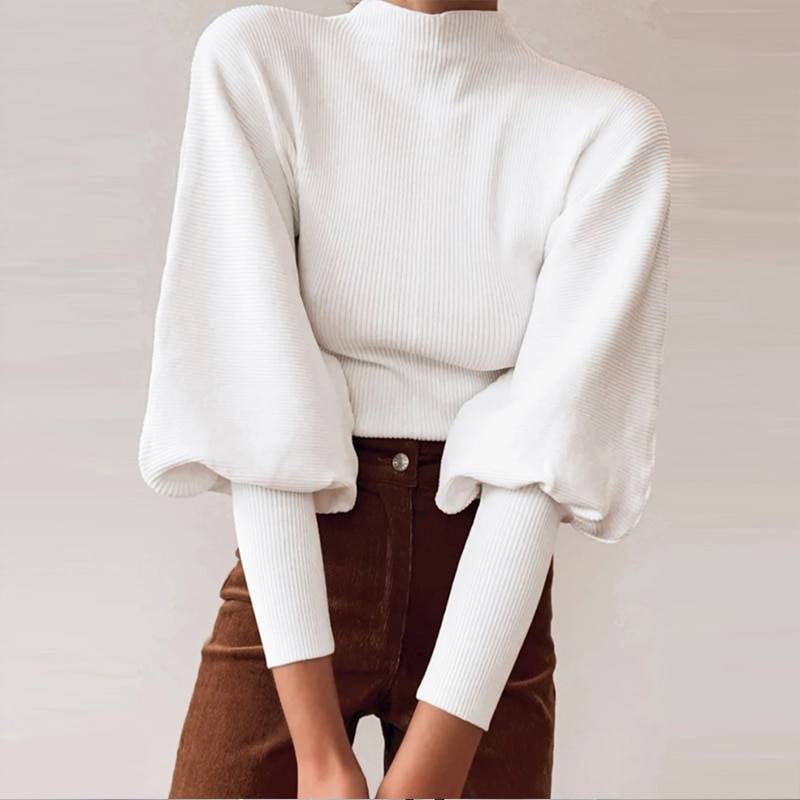 Elegant knitted high collar lantern sleeve loose sweater