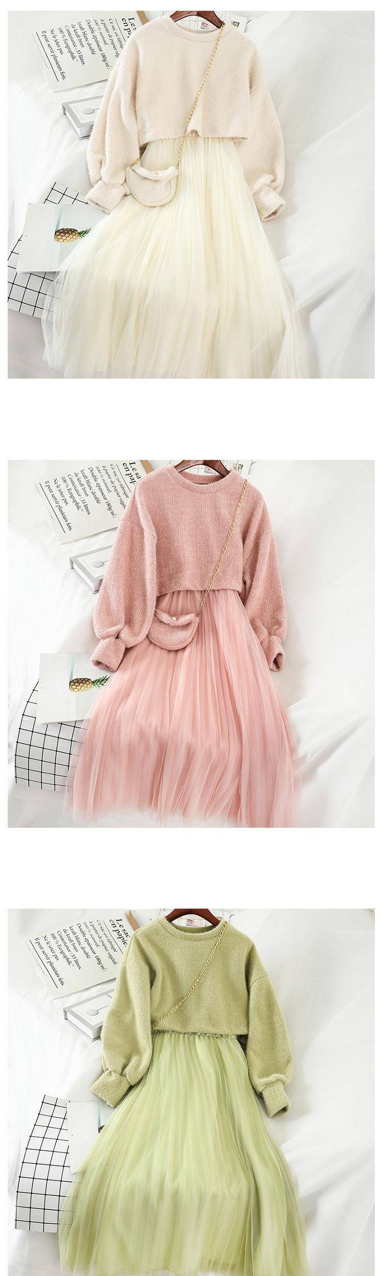 Knitted O Neck Sweater And Spaghetti Strap Dress Set in Dresses