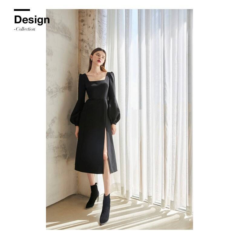 Elegant vintage black retro long sleeve split midi chiffon dress