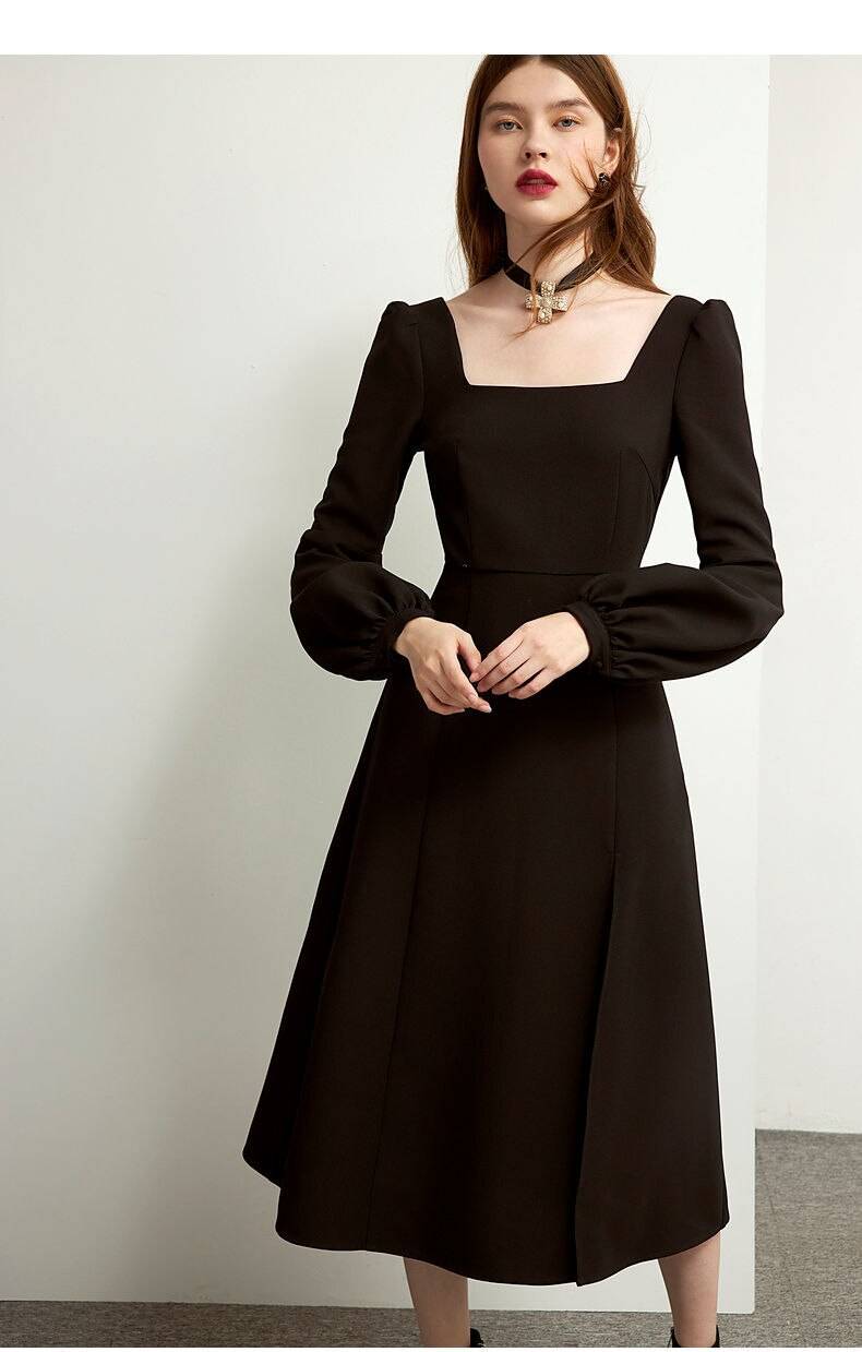 Elegant vintage black retro long sleeve split midi chiffon dress