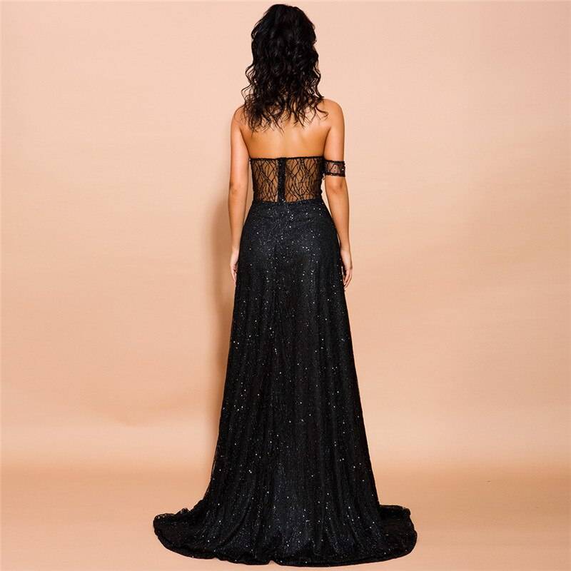 Black Charming High Split Strapless Sleeveless Lace Zipper Back Sequined Dress in Dresses