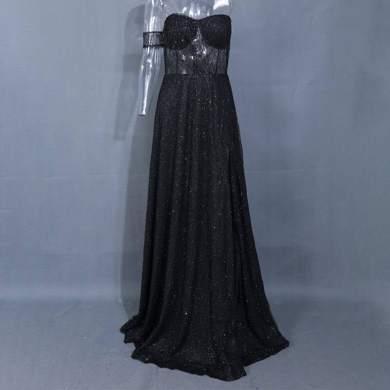 Black Charming High Split Strapless Sleeveless Lace Zipper Back Sequined Dress in Dresses
