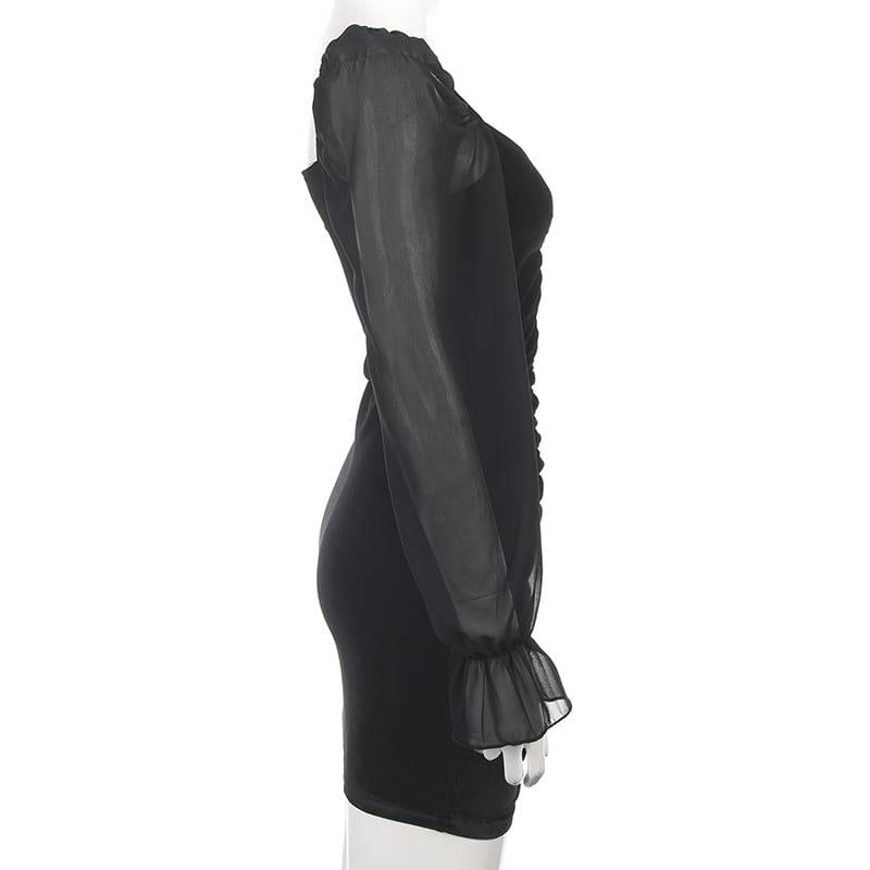 Gothic Black V-Neck Splice Mesh Long Sleeve Mini Dress in Dresses