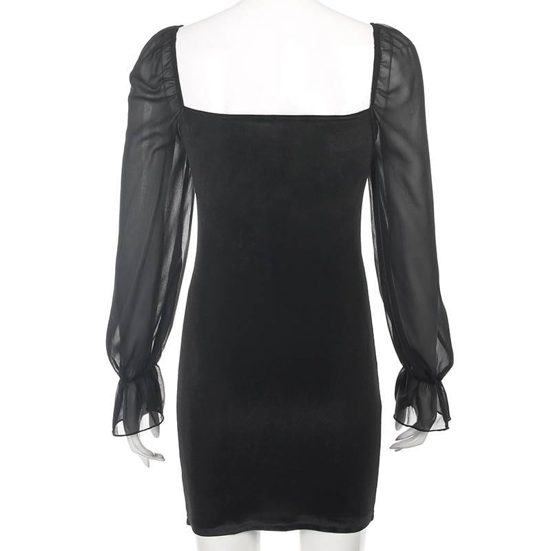 Gothic black v-neck splice mesh long sleeve mini dress