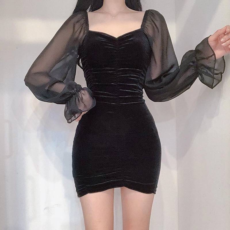 Gothic Black V-Neck Splice Mesh Long Sleeve Mini Dress in Dresses
