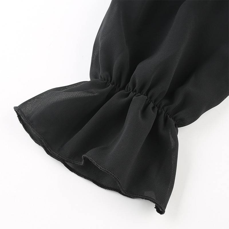 Gothic Black V-Neck Splice Mesh Long Sleeve Mini Dress | Uniqistic.com