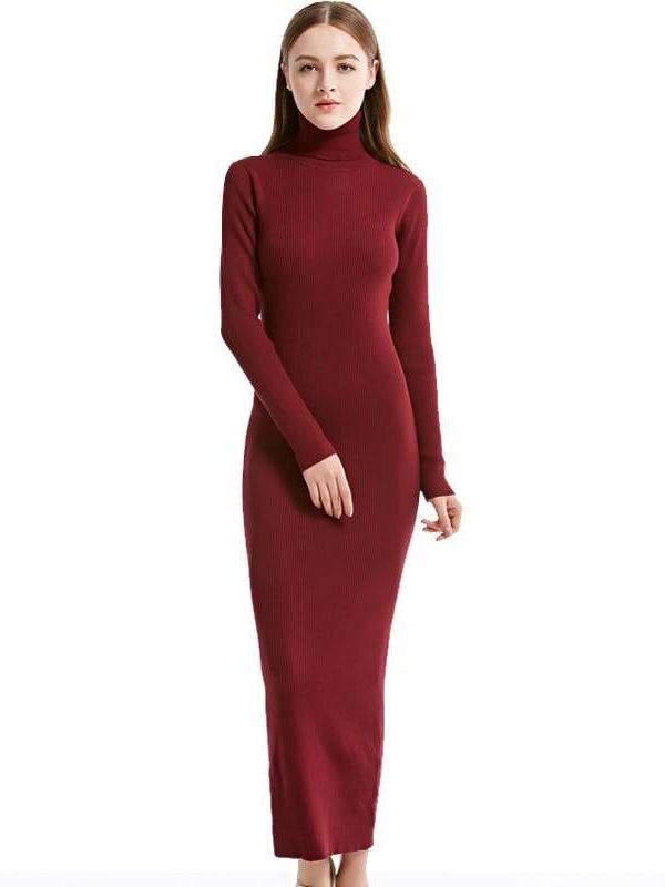 Knit Long Sleeve Turtleneck Maxi Office Dress in Dresses
