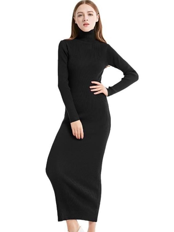 Knit Long Sleeve Turtleneck Maxi Office Dress in Dresses