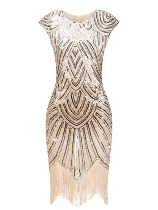 O-Neck Cap Sleeve Sequin Fringe Midi Great Gatsby Dress in Dresses