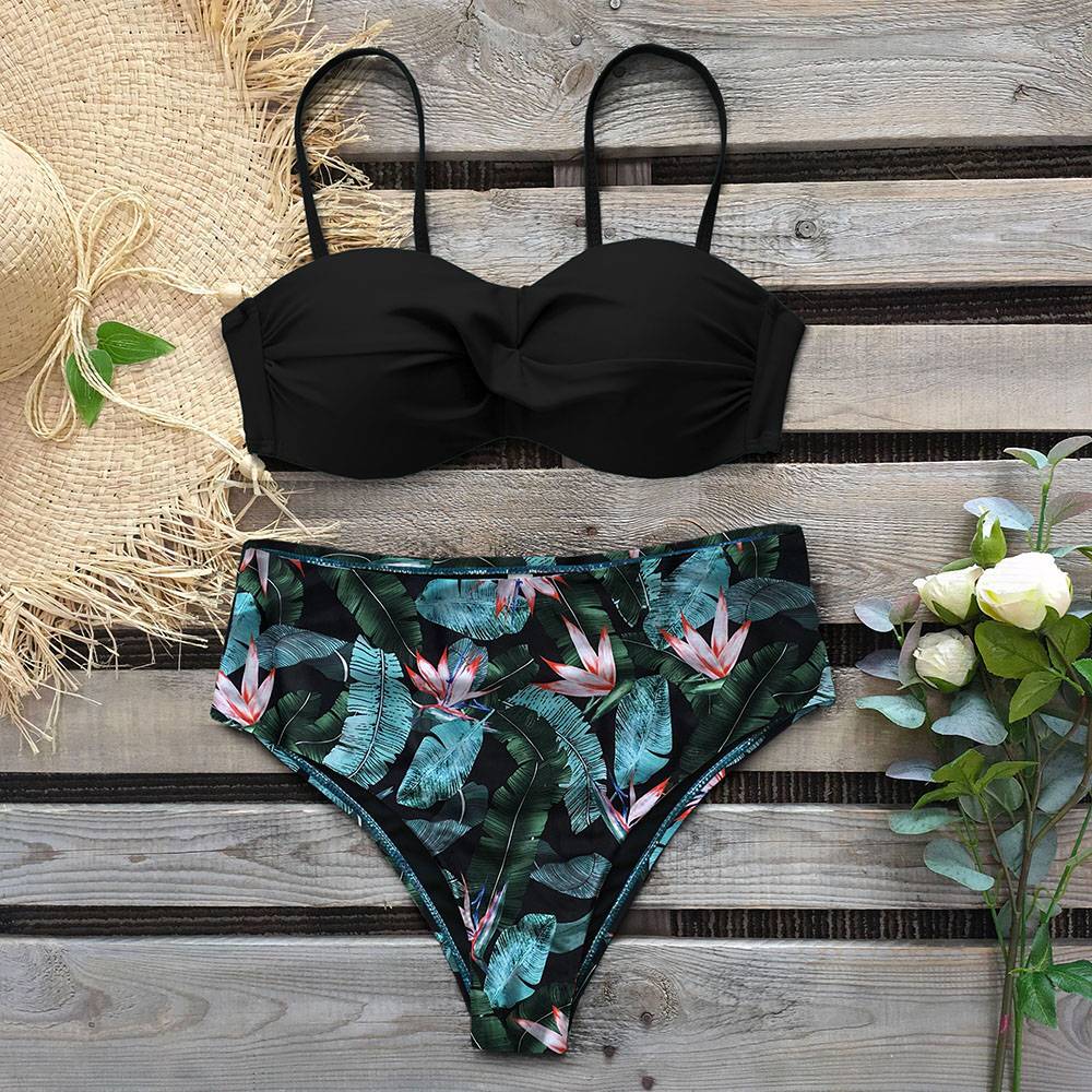 Leaf print push up high waist bikini set