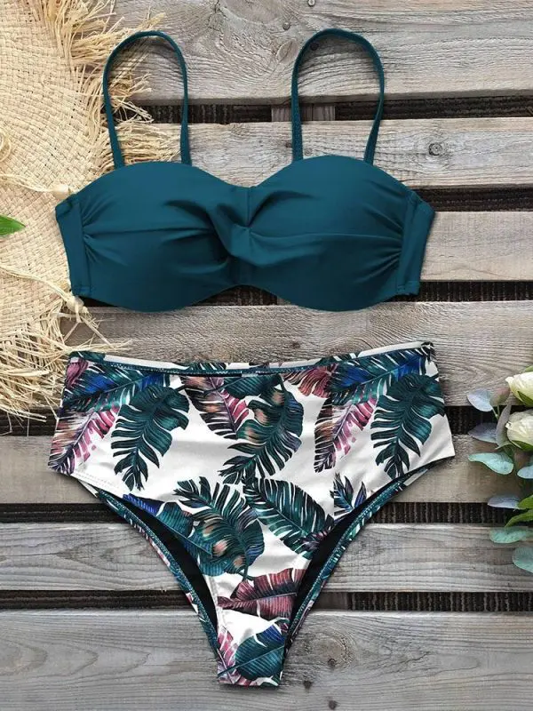 Leaf print push up high waist bikini set