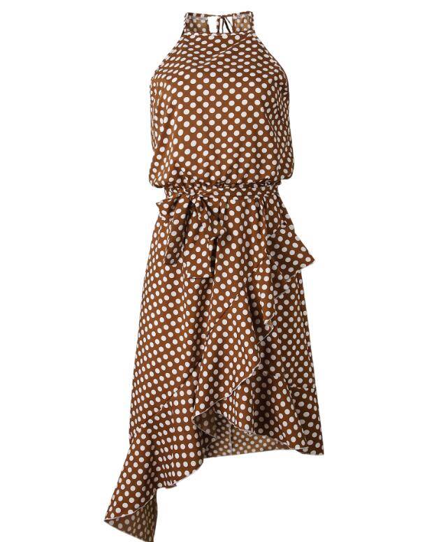 Polka dots irregular sleeveless belted ruffles dots midi dress