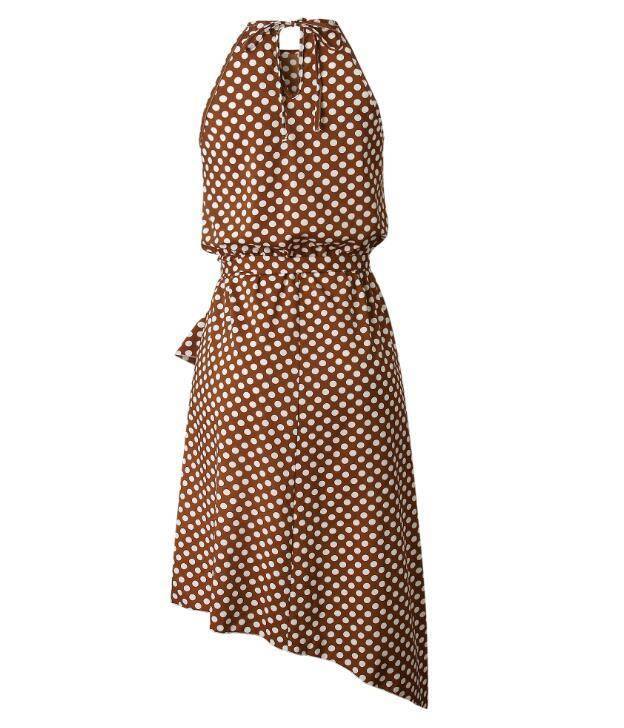 Polka dots irregular sleeveless belted ruffles dots midi dress