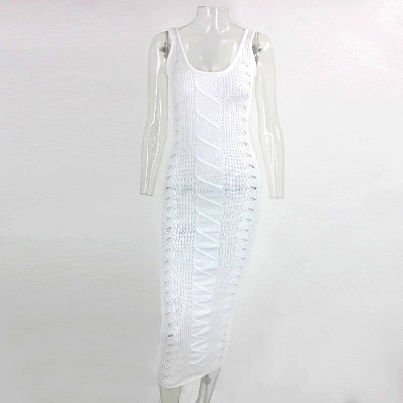 Elegant hollow out white knit midi dress