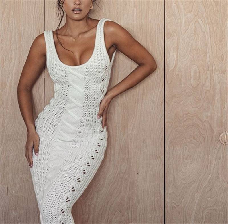 Elegant Hollow Out White Knit Midi Dress in Dresses