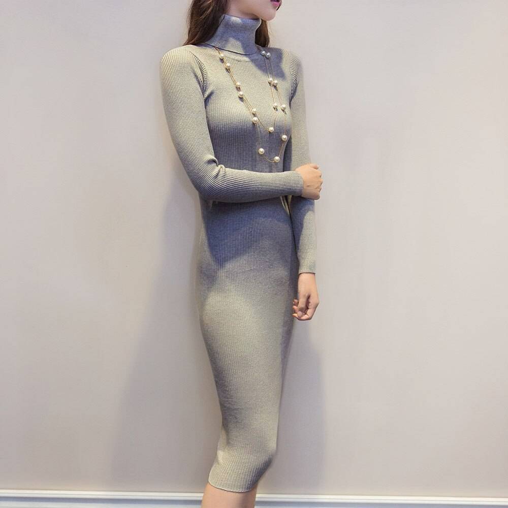Elastic Turtleneck Long Sleeve Sweater Knitted Dress in Dresses