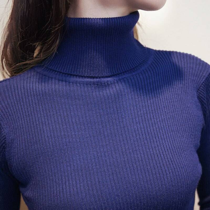 Elastic turtleneck long sleeve sweater knitted dress