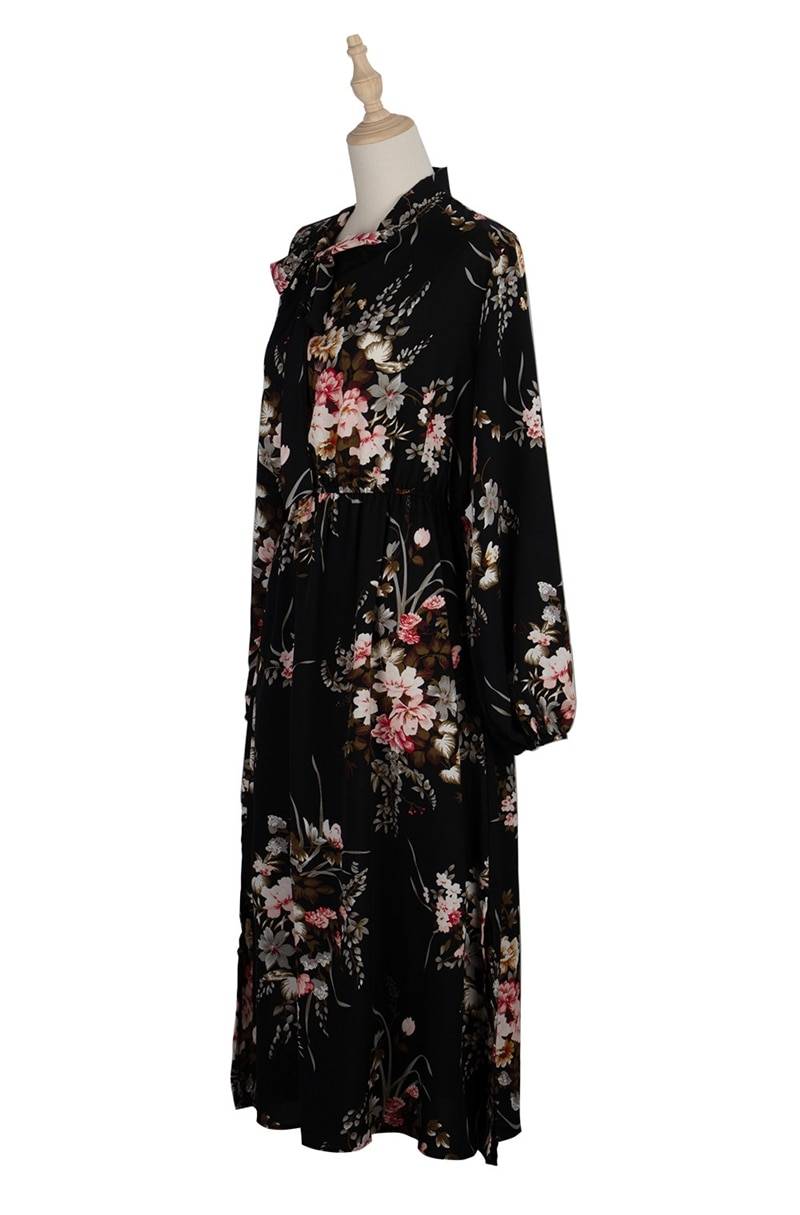 Floral Bow Puff Sleeve Stand Collar High Waist Long Sleeve Dress in Dresses