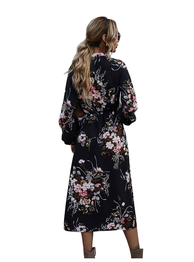 Floral Bow Puff Sleeve Stand Collar High Waist Long Sleeve Dress in Dresses