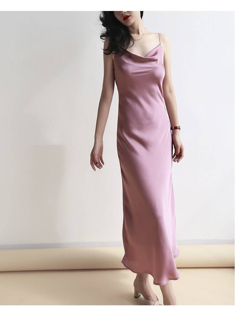 Elegant Satin Purple Pink White Spaghetti Strap Party Dress in Dresses