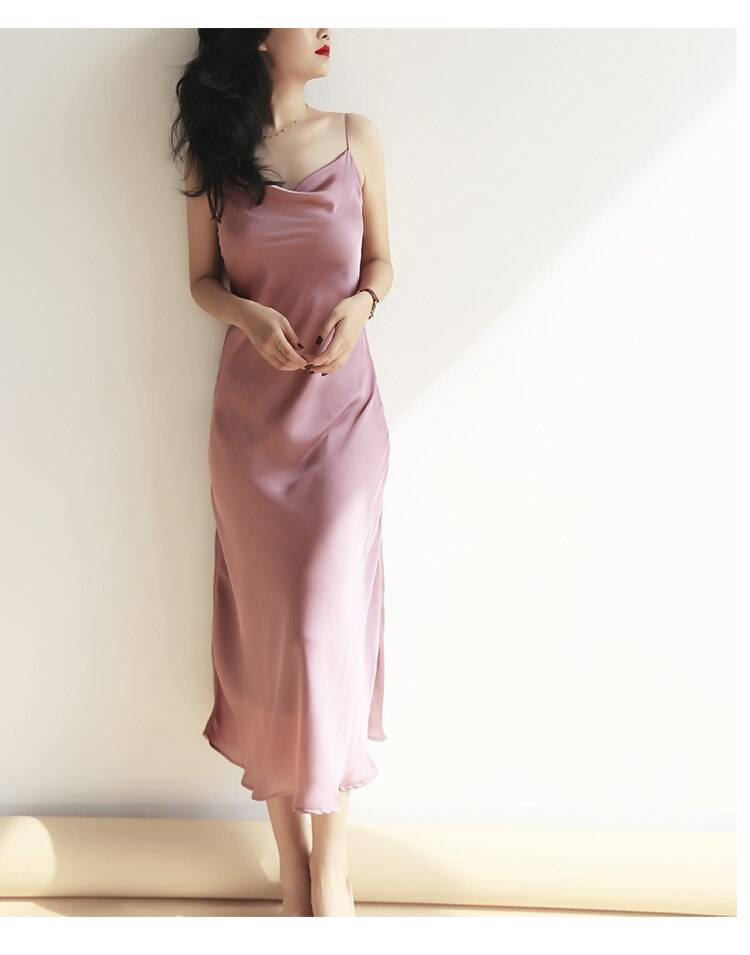 Elegant Satin Purple Pink White Spaghetti Strap Party Dress in Dresses