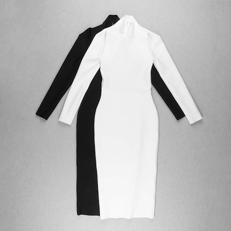 Long Sleeve Backless Turtleneck Black White Bodycon Bandage Dress in Dresses