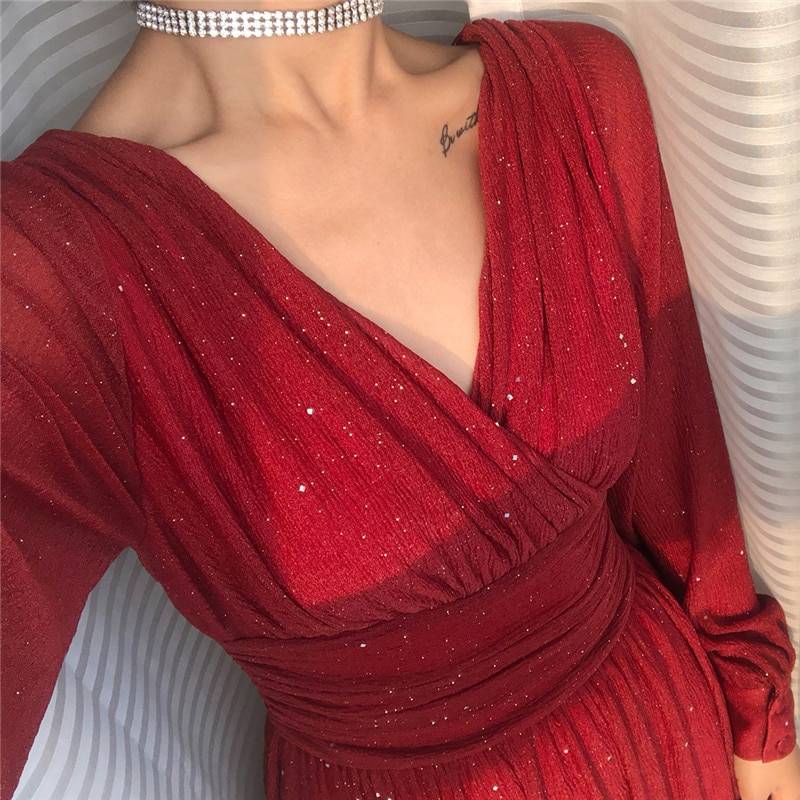 Vintage Glitter High Waist Long Sleeve Boho Maxi Dress in Dresses
