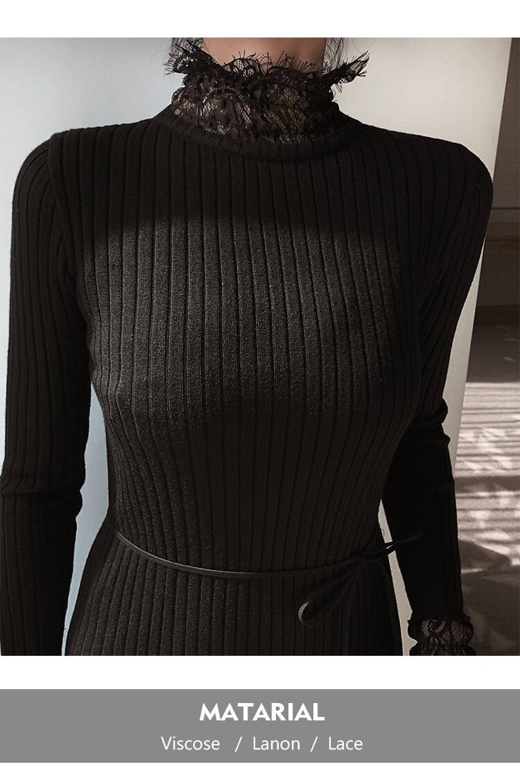 Black Long Sleeve Bodycon Knitted Lace Midi Dress in Dresses