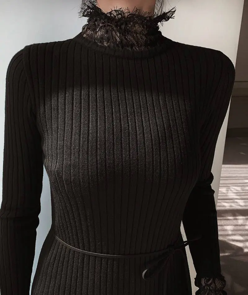 Black Long Sleeve Bodycon Knitted Lace Midi Dress in Dresses