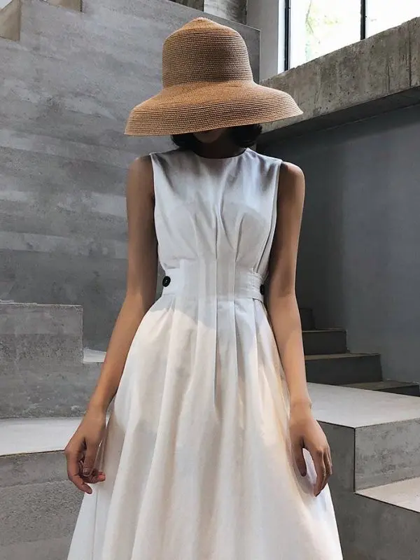 Vintage Black White Sleeveless Ofiice Midi Dress in Dresses
