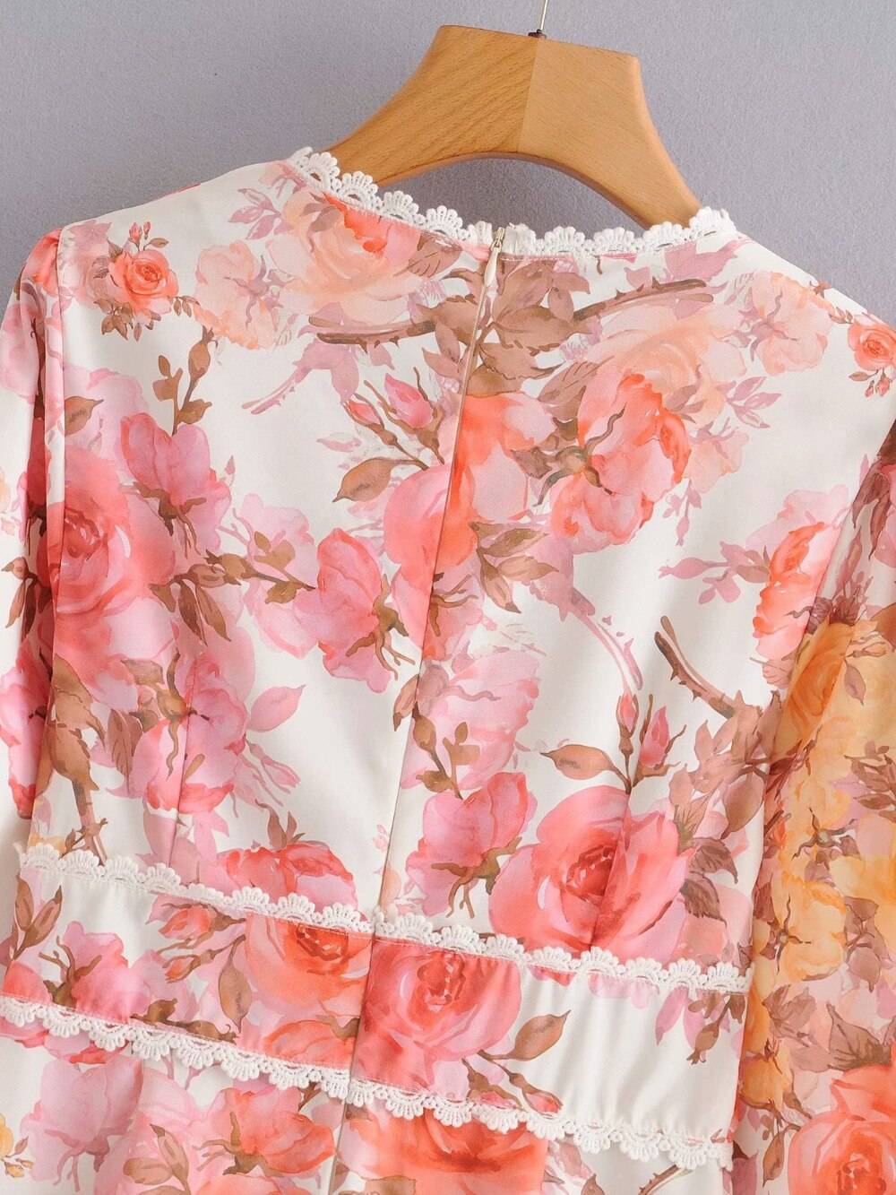 Vintage floral print lace v neck long sleeve boho jumpsuit