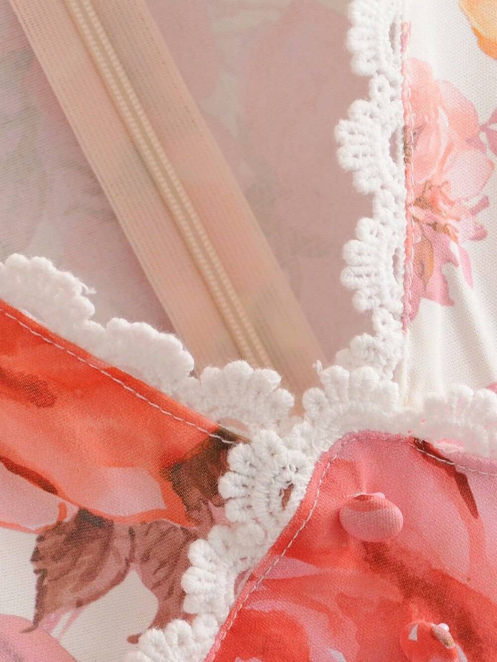Vintage floral print lace v neck long sleeve boho jumpsuit