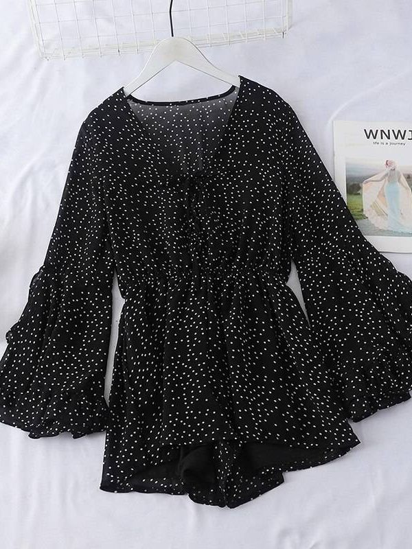 V-Neck Chiffon Polka-Dot Long Sleeve Jumpsuit Romper in Jumpsuits & Rompers