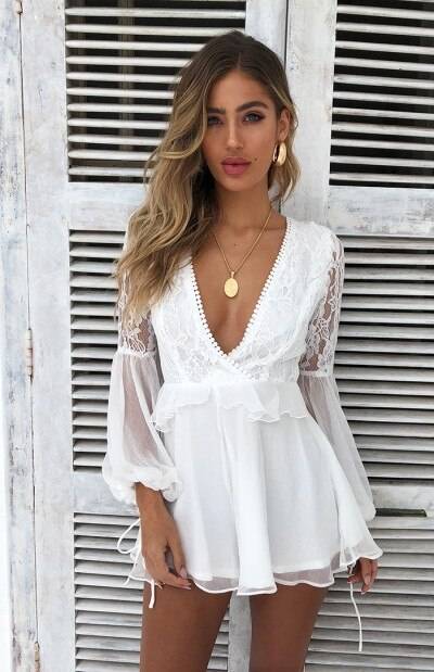 Long Lantern Sleeves V-Neck Halter Hollow Lace Stitching Jumpsuit in Jumpsuits & Rompers