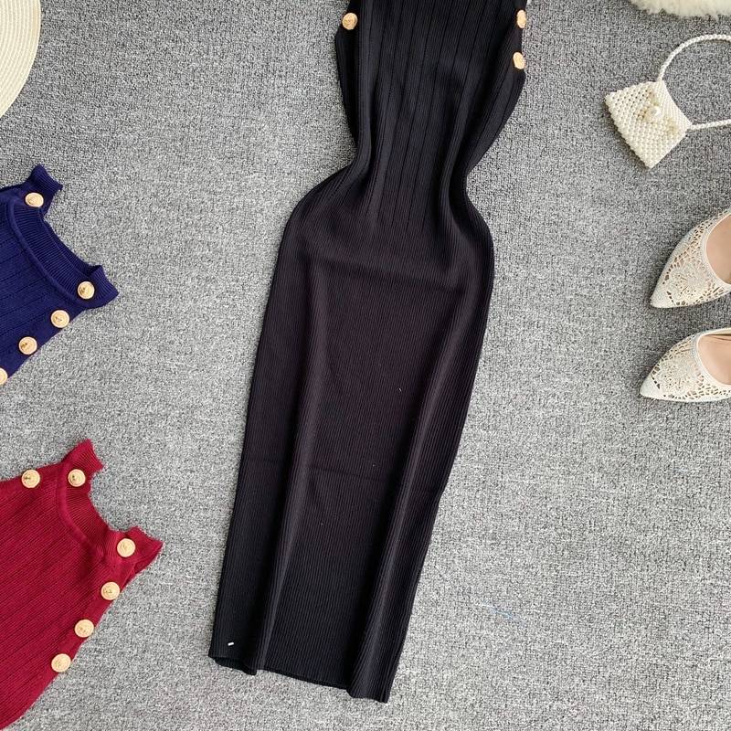 Button O Neck Sheath Stretchy Knit Dress in Dresses