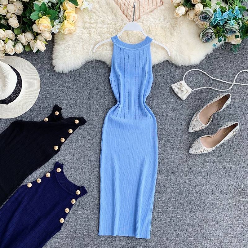 Button O Neck Sheath Stretchy Knit Dress in Dresses