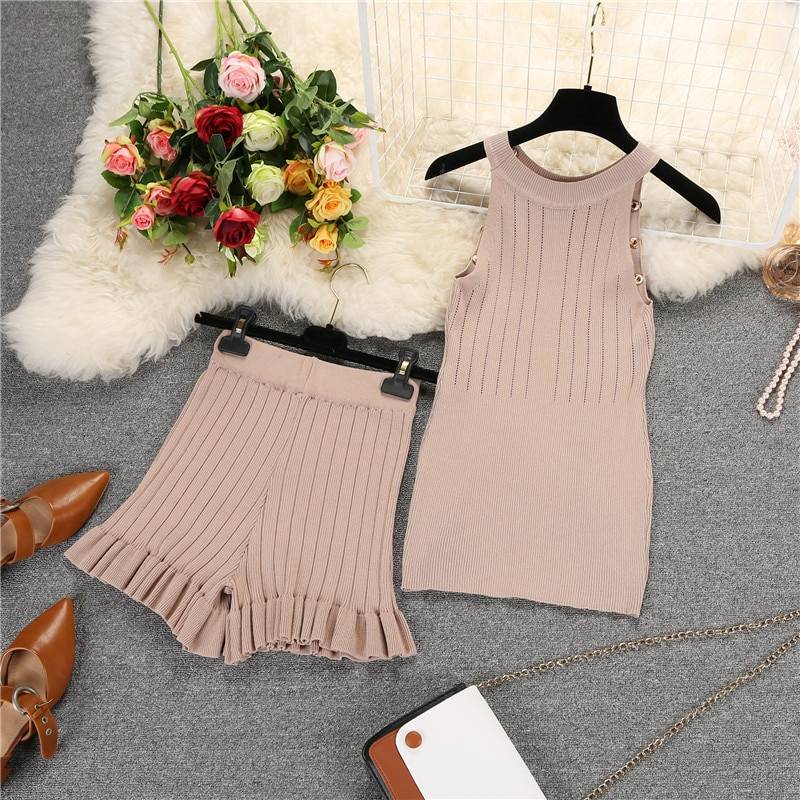 Knit sleeveless buttons top shorts clothing set