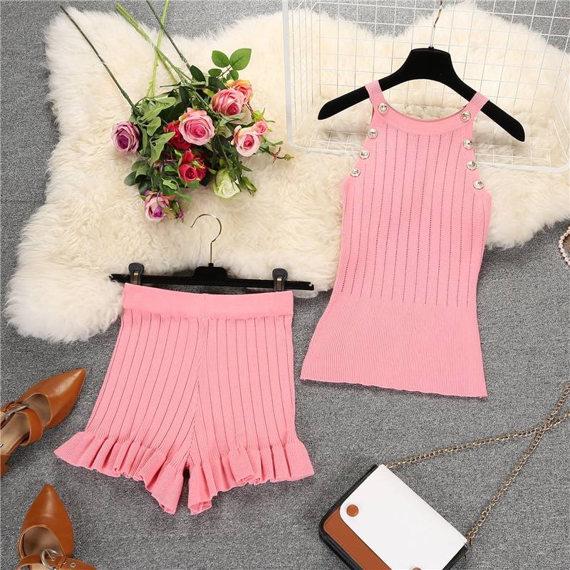 Knit Sleeveless Buttons Top Shorts Clothing Set in Shorts