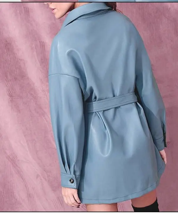 Blue PU Leather Single Buckle Short Dress With Belt Oversized Jacket in Dresses