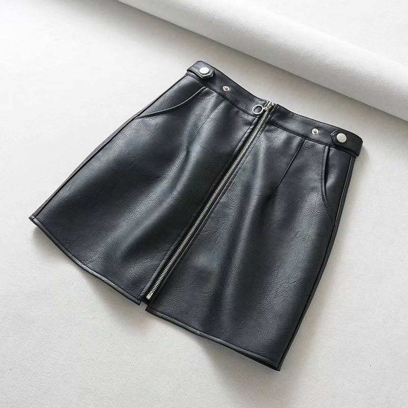 Front zipper high waist leather mini skirt