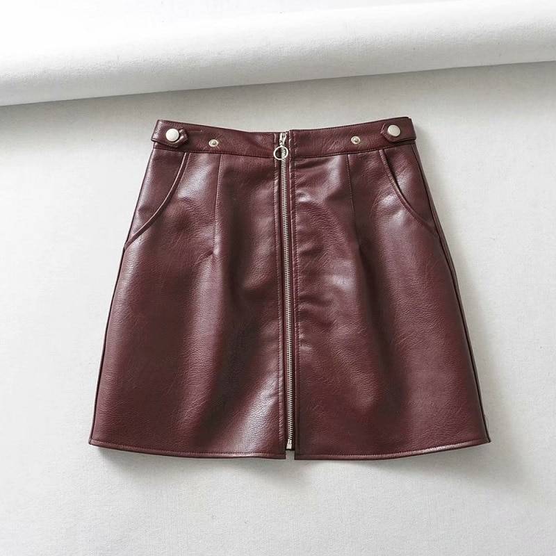 Front Zipper High Waist Leather Mini Skirt | Uniqistic.com