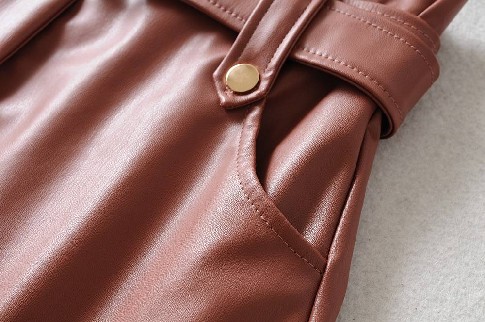Pu leather high waist pleated hem mini skirt